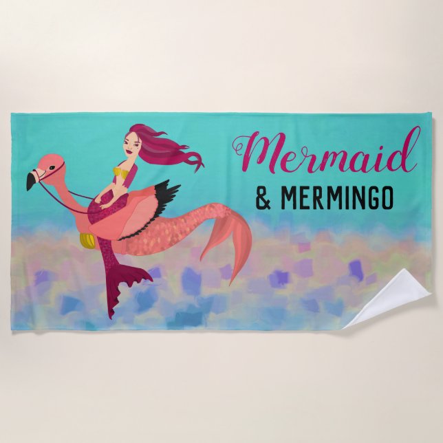 Whimsical Niedlich Lila Mermaid & Pink Mermingo Strandtuch (Vorderseite)