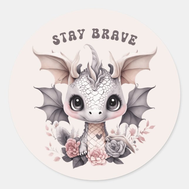 Whimsical Niedlich Pink "Bleibe Brave" Kleiner Dra Runder Aufkleber (Vorderseite)