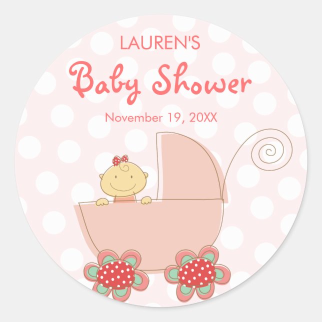 Whimsical Niedlich Pink Pram Girl Baby Shower Stic Runder Aufkleber (Vorderseite)