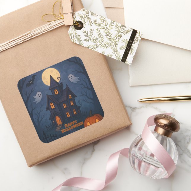 Whimsical Niedlich Spooky Spuk House | Halloween- Quadratischer Aufkleber (Schenken)
