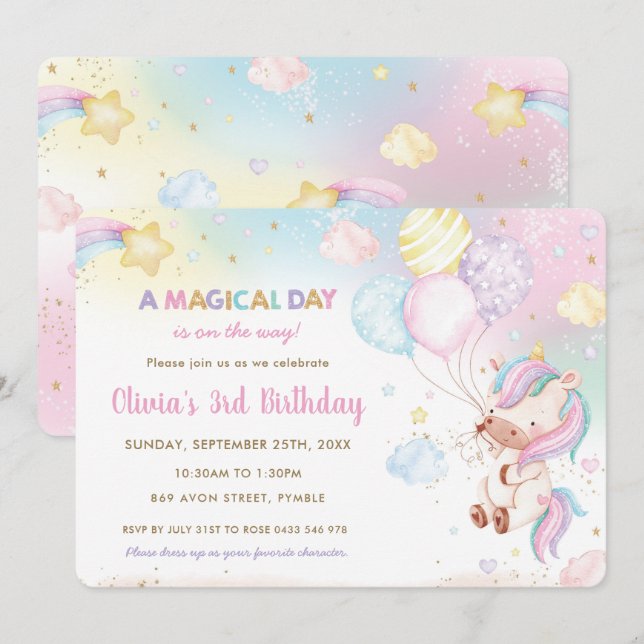 Whimsical Niedlich Unicorn Balloons Rainbow Birthd Einladung (Vorne/Hinten)