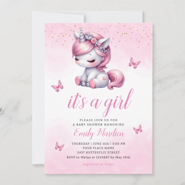 Whimsical Niedlich Watercolor Einhorn Girl Dusche Einladung (Vorderseite)