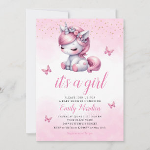 Whimsical Niedlich Watercolor Einhorn Girl Dusche Einladung