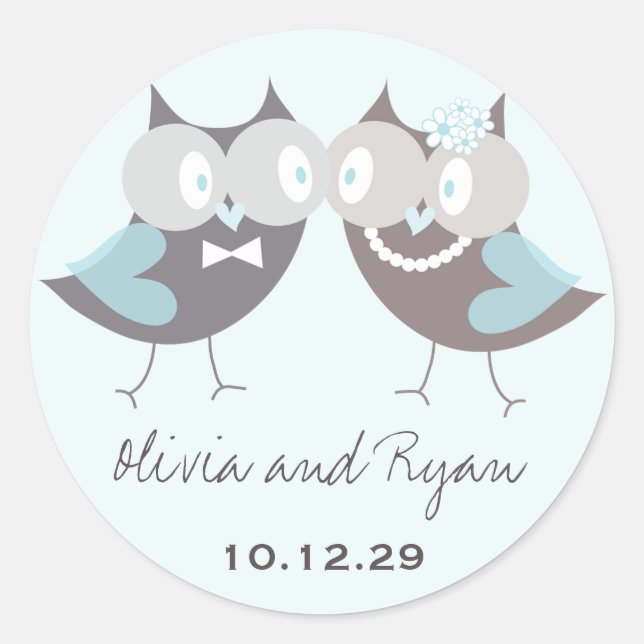Whimsical Niedlich Wedding Brown Blue Owls Gefalle Runder Aufkleber (Vorderseite)