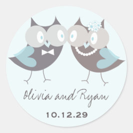 Whimsical Niedlich Wedding Brown Blue Owls Gefalle Runder Aufkleber