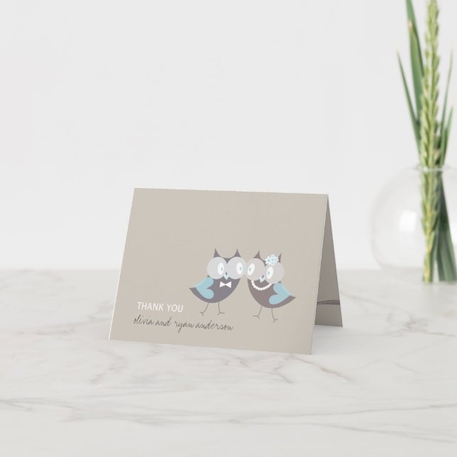 Whimsical Niedlich Wedding Brown Blue Owls Vielen  Dankeskarte (Vorderseite)