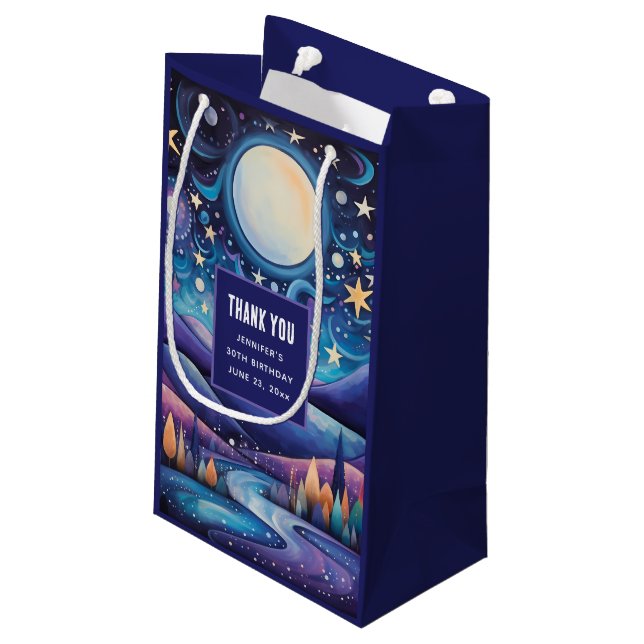 Whimsical Night Big Moon Landschaft Danke Kleine Geschenktüte (Rückseite Schrägansicht)