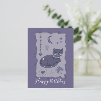 Whimsical Night Cat Folk Art Birthday Postcard Postkarte