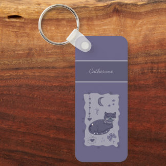 Whimsical Night Cat Folk Art Custom Keychain Schlüsselanhänger