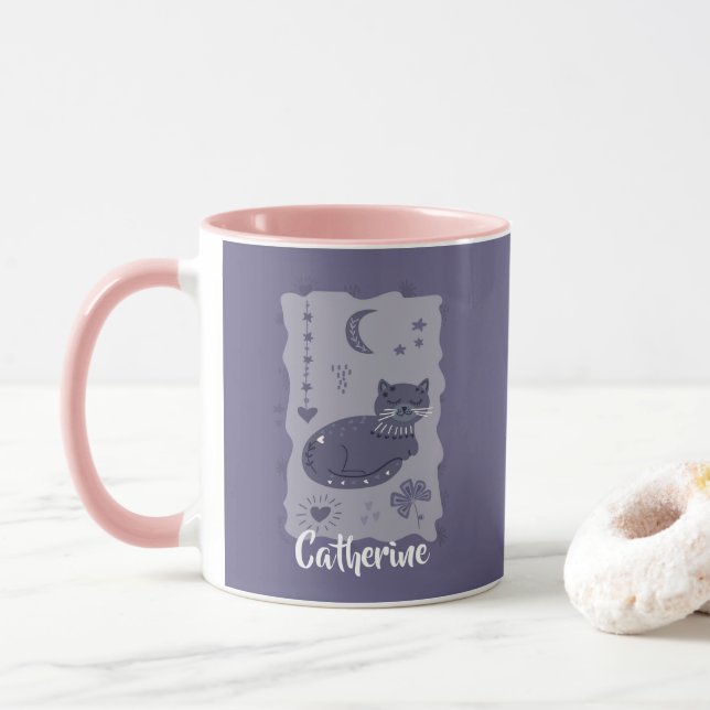 Whimsical Night Cat Folk Art Custom Mug (Avec donut)