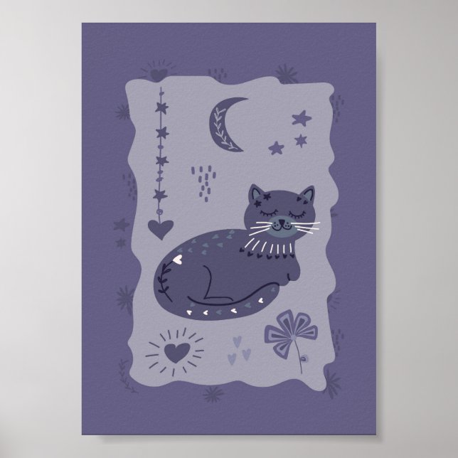 Whimsical Night Cat Folk Art Poster (Vorne)