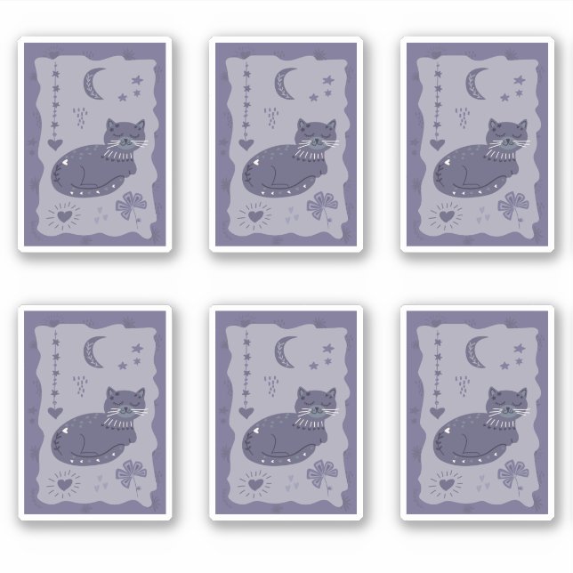 Whimsical Night Cat Folk Art Sticker (Vorderseite)