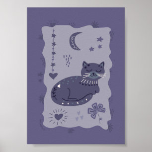 Whimsical Night Cat Volkskunstposter Poster
