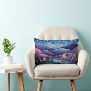 Whimsical Night - Fluss, Bäume und Berge Lendenkissen