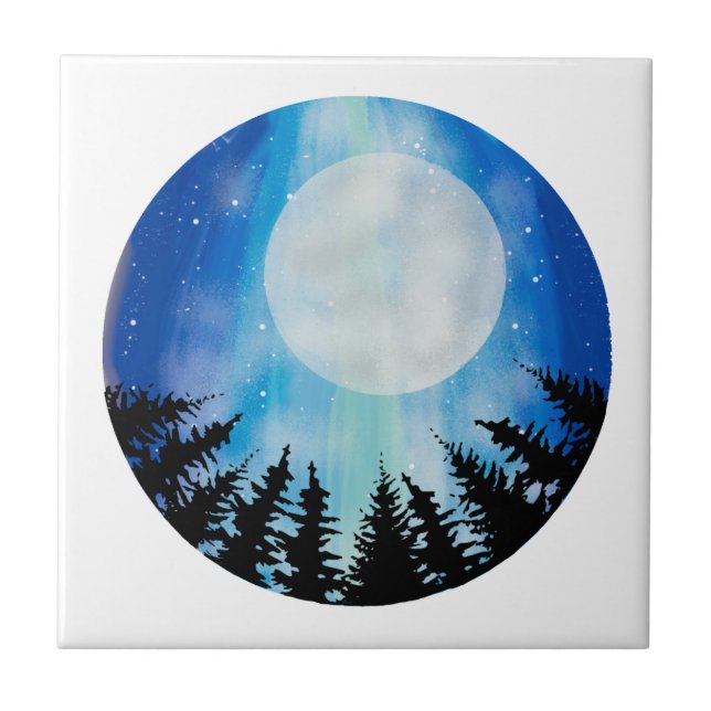 Whimsical Night Full Moon Forest Sky Blue Circle Fliese (Vorderseite)