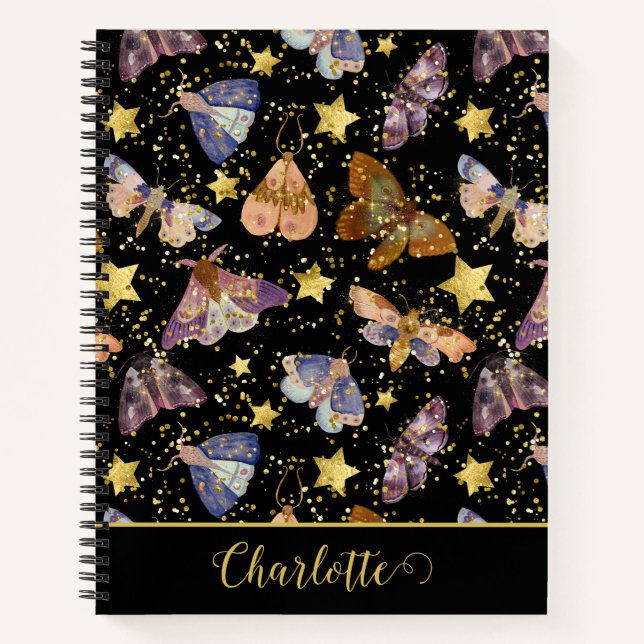 Whimsical Night Moth Butterfets Glitzer Star Name Notizbuch (Vorderseite)
