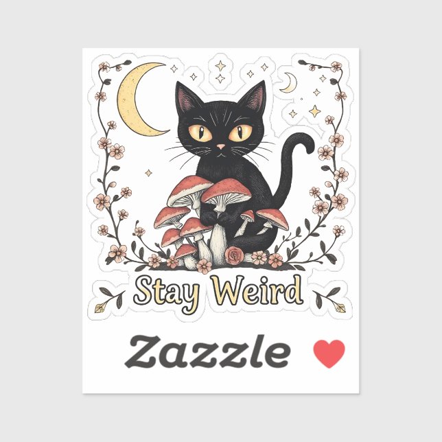 Whimsical noir cat framed by red mushrooms and pal aufkleber (Blatt)