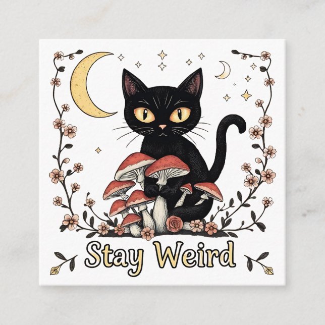 Whimsical noir cat framed by red mushrooms and pal begleitkarte (Vorderseite)