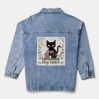 Whimsical noir cat framed by red mushrooms and pal jeansjacke