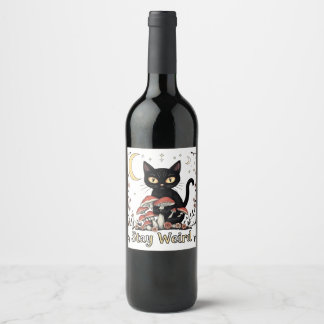 Whimsical noir cat framed by red mushrooms and pal weinetikett