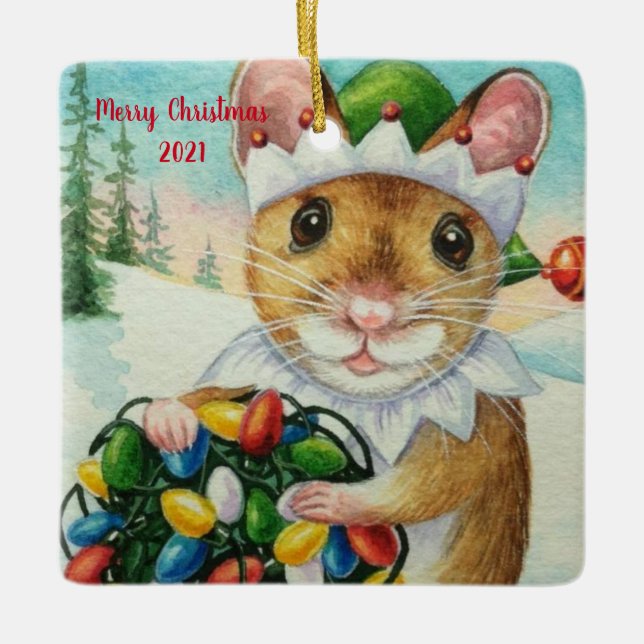 Whimsical North Pole Elf Mouse Wasserfarbe Kunst Keramikornament (Vorderseite)