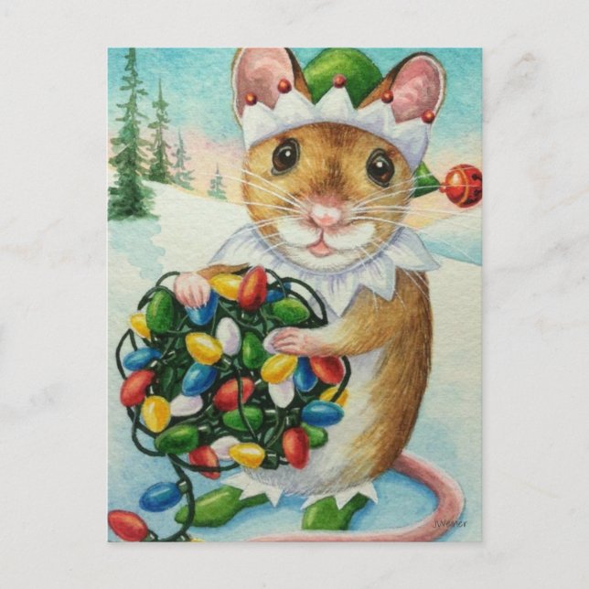 Whimsical North Pole Elf Mouse Wasserfarbe Kunst Postkarte (Vorderseite)