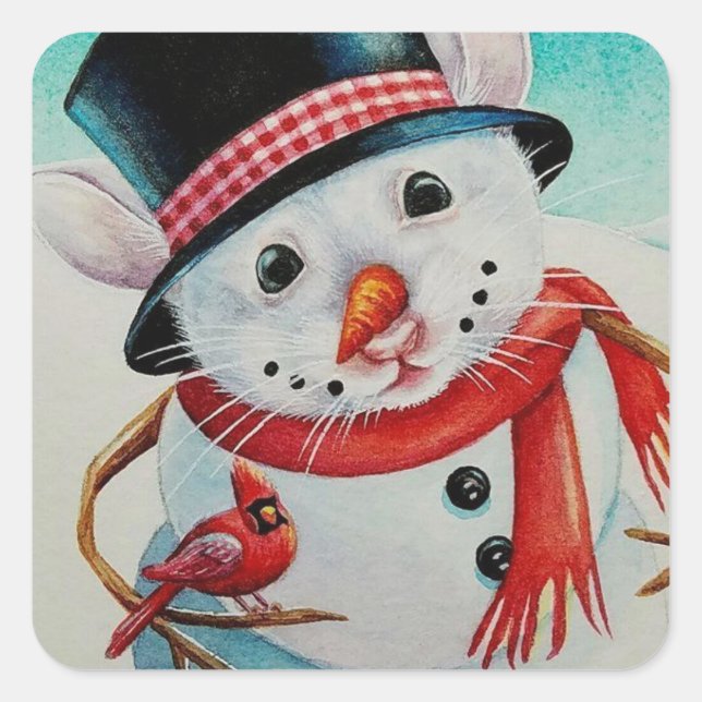 Whimsical North Pole Snowman Mouse Wasserfarbe Kun Quadratischer Aufkleber (Vorderseite)
