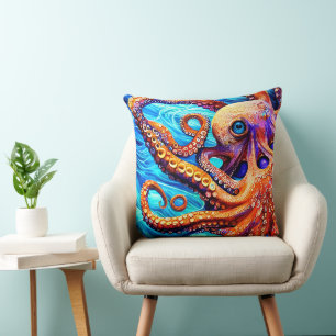 Whimsical Octopus Blue Ocean Wave Cubism Kissen