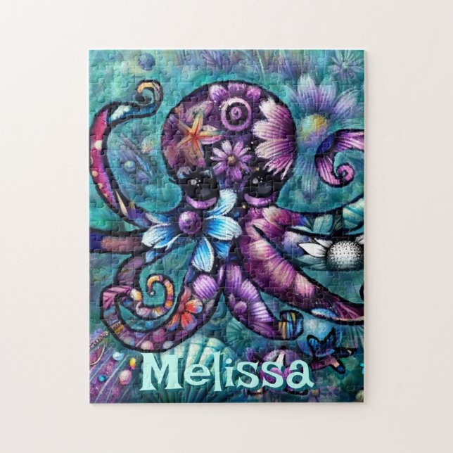 Whimsical Octopus Floral Aquamarin Küsten Personal (Vertikal)