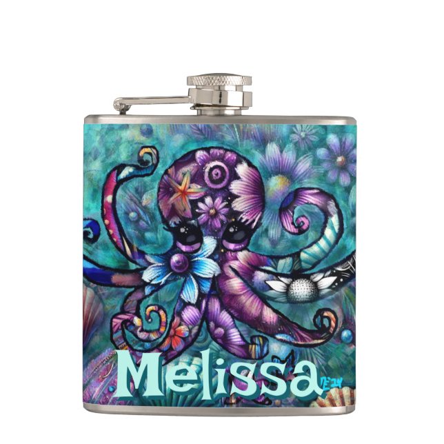 Whimsical Octopus Floral Aquamarin Küsten Personal Flachmann (Vorderseite)