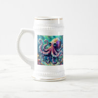 Whimsical Octopus Oil Painting Nautical Beach
