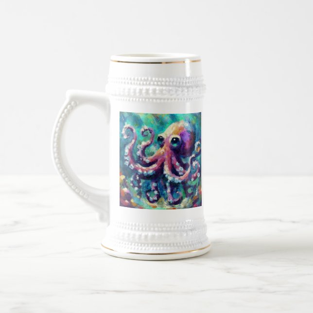 Whimsical Octopus Oil Painting Nautical Beach Bierglas (Links)