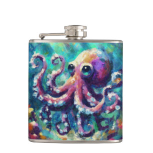 Whimsical Octopus Oil Painting Nautical Beach Flachmann