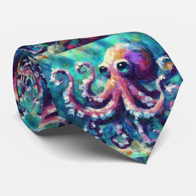 Whimsical Octopus Oil Painting Nautical Beach Krawatte (Gerollt)