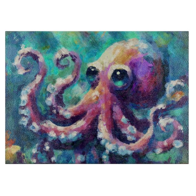 Whimsical Octopus Oil Painting Nautical Beach Schneidebrett (Vorderseite)