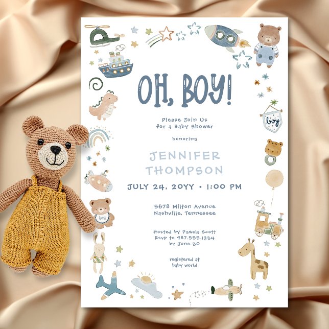 Whimsical Oh Boy Watercolor Doodle Kinderdusche Einladung (Whimsical Oh Boy Watercolor Doodle Baby Shower Invitation)