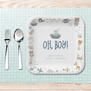 Whimsical Oh Boy Watercolor Doodle Kinderdusche Pappteller