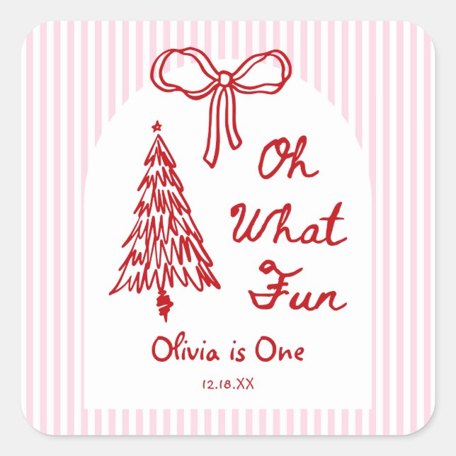 Whimsical Oh What Fun Girl 1st Birthday Party Quadratischer Aufkleber (Vorderseite)