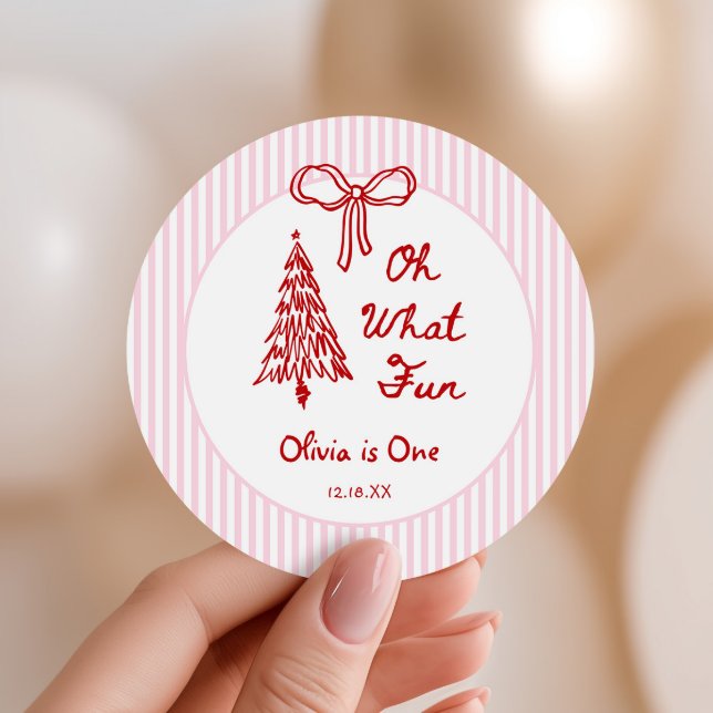 Whimsical Oh What Fun Girl 1st Birthday Party Runder Aufkleber (Von Creator hochgeladen)
