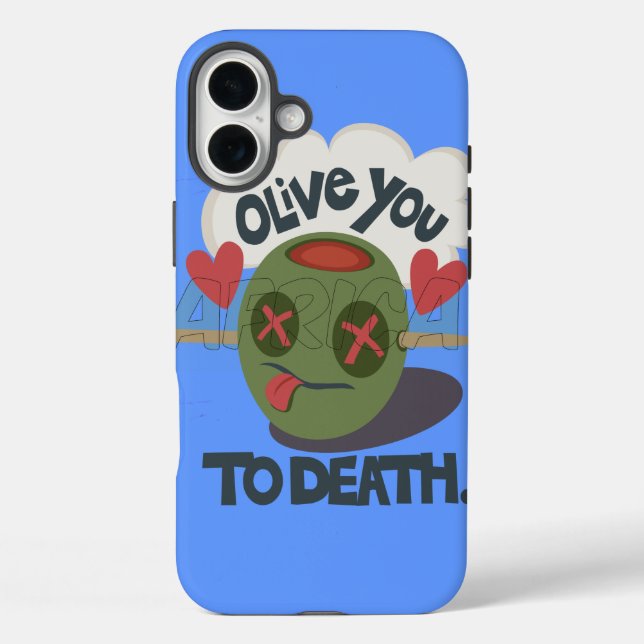 Whimsical "Olive My Heart" Funny Face Design iPhone 16 Plus Hülle (Rückseite)