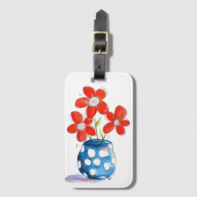 Whimsical Orange Blume in Blue Vase Gepäckanhänger (Vorderseite Vertikal)