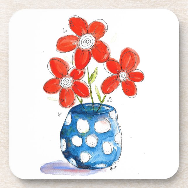 Whimsical Orange Blume in Blue Vase Getränkeuntersetzer (Vorderseite)