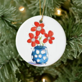 Whimsical Orange Blume in Blue Vase Keramik Ornament