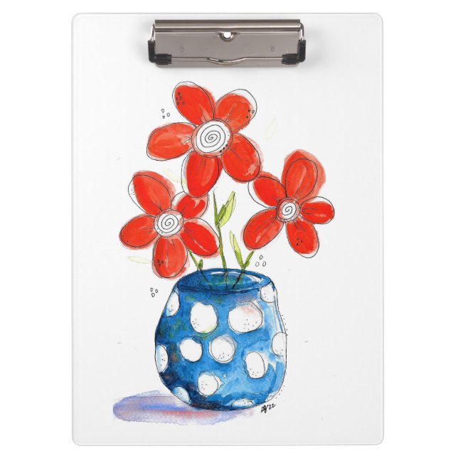 Whimsical Orange Blume in Blue Vase Klemmbrett (Vorderseite)
