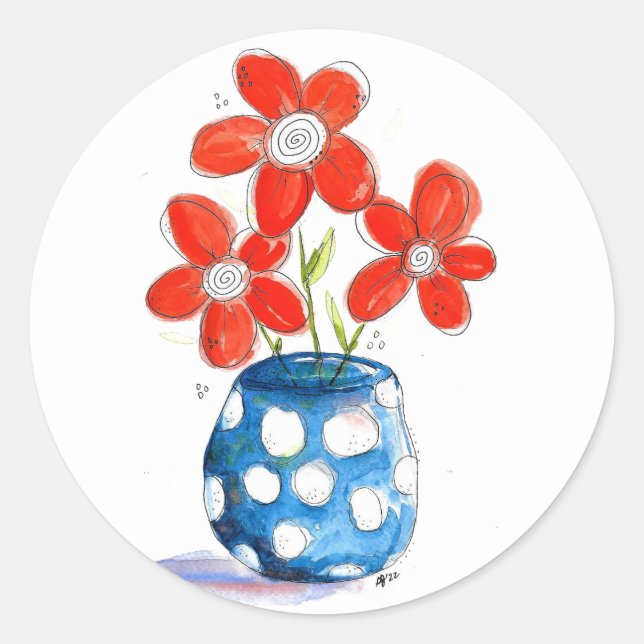 Whimsical Orange Blume in Blue Vase Runder Aufkleber (Vorderseite)