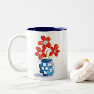 Whimsical Orange Blume in Blue Vase Zweifarbige Tasse