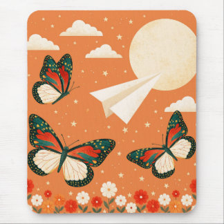 Whimsical Orange Boho Natur Schmetterling Mond Mousepad