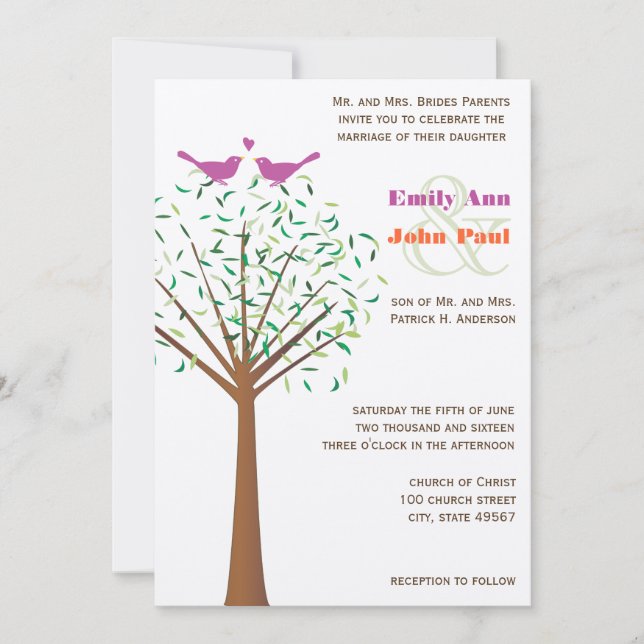 Whimsical Orange und Fuchsia Love Bird Tree Einlad Einladung (Vorderseite)