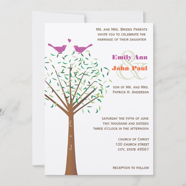 Whimsical Orange und Fuchsia Love Bird Tree Einlad Einladung (Vorderseite)