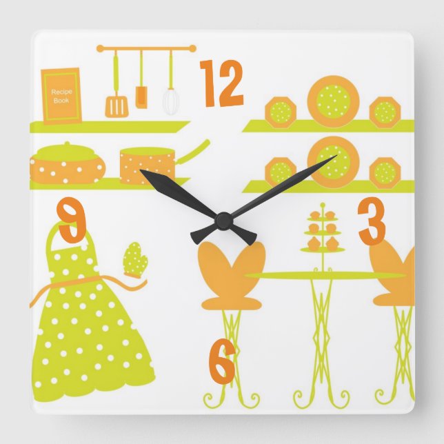 Whimsical Orange und Green Kitchlock Quadratische Wanduhr (Vorderseite)